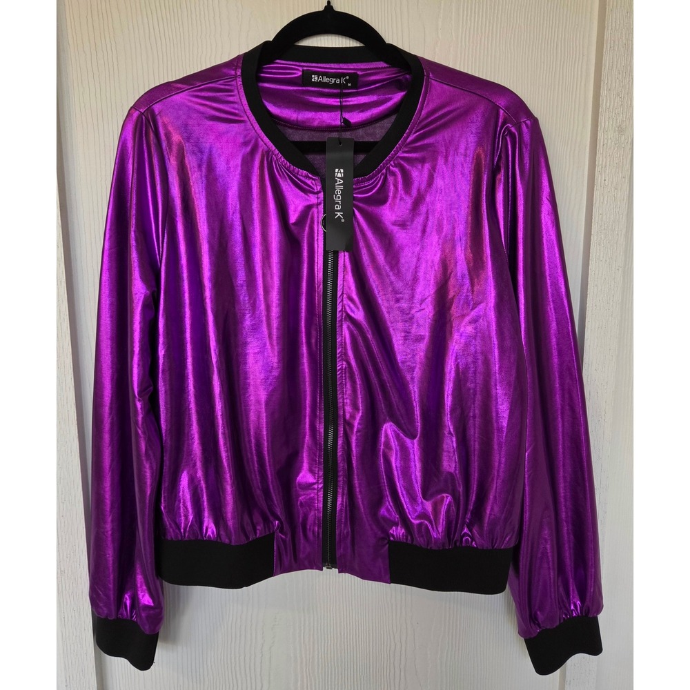 NWT Allegra K Metallic Bomber Jacket Sz M Concert Rave Maximalist Statement Y2K